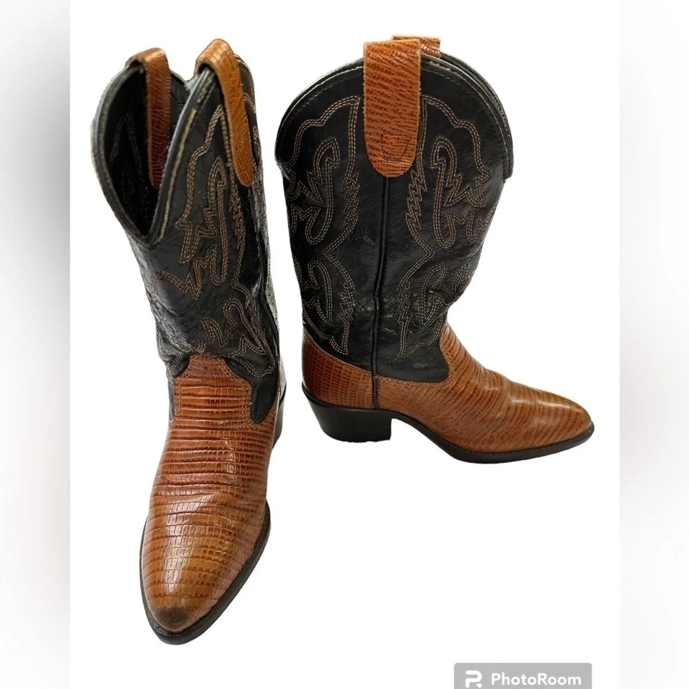 Texas Kids Leather Rodeo Cowboy Boot Equestrian Western Tan/Black Size 9